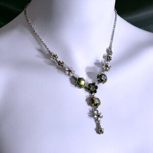 Vintage Black and Grey Floral Drop Necklace with AB Crystal